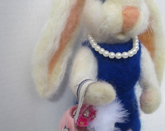 OOAK Handmade Needle Felted White Wool Bunny 9.5" ~ Pink Purse with Paper Flowers & Feathers ~ Pearl like Bead Necklace ~