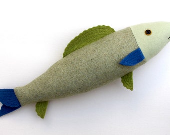 Tweedy Green and Blue wool fish pillow doll cabin ocean decor