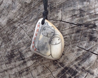 RESERVED - Healing Shard Necklace - Beach Pottery - Jizo Bodhisattva and Cat