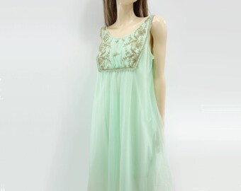 Vintage Nightgown 1960s Seafoam Nighty Sheer Chiffon Nighty Babydoll Nightgown 1960s Nightgown French Maid Lingerie Mint Green m