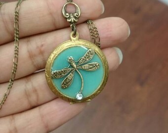 Victorian style Tiffany Dragonfly Locket Necklace - antique brass locket.