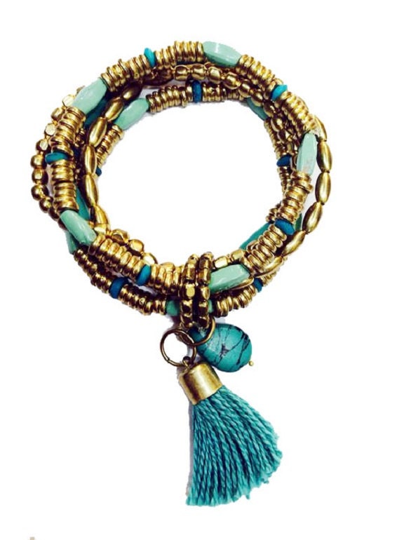 Turquoise Tassel braceletStretch Gold BraceletBeaded wrap