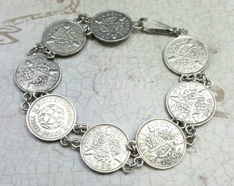 Antique coin bracelet. Great Britain silver coin bracelet. Antique silver bracelet. Coin jewelry. 3 pence coin bracelet. Antique bracelet
