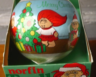 Vintage Norfin Troll Satin Ball Ornament Merry Christmas