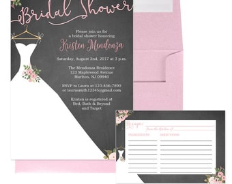 Bridal Shower Invitations with Wedding Dress - Pink Floral Bridal Shower - Chalkboard and Pink Bridal Shower Invitation - Bridal-104