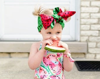 Reversible Summer Watermelon Head Wrap, Fruit Headwrap Baby, Watermelon Baby Headband, Watermelon Bow headband, Summer Photo Prop, Fruit Bow
