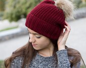 Burgundy Knitted Beanie With Pompom main image 1