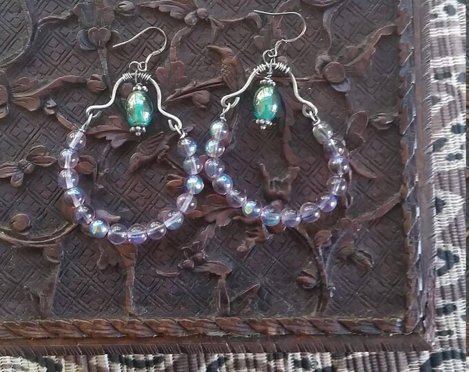 Fire Polished Dark Lavender and Dark Aqua Glass Beads in an Unusual Sterling Setting