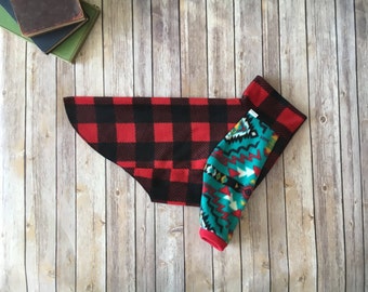 Medium Dog Sweater Fleece Pullover In Red Buffalo Plaid & Southwestern Inspired Long Sleeves