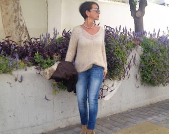 Mohair sweater, loose knit sweater, knit jumper, neutral clothing, natural fibers, hand knit pullover, transitional clothing