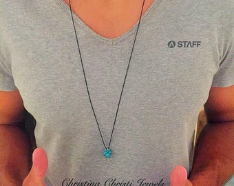 Men's Turquoise Stone Necklace, Men's Necklace, Black Cord Pendant, Jewelry For Men, Mens Gift.