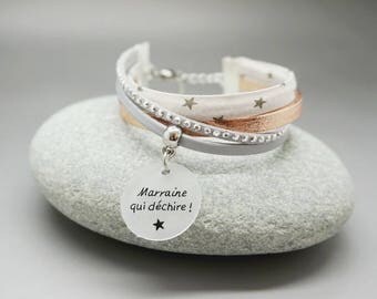bracelet manchette cuir liberty or rosé strass cabochon "Marraine qui déchire" personnalisable