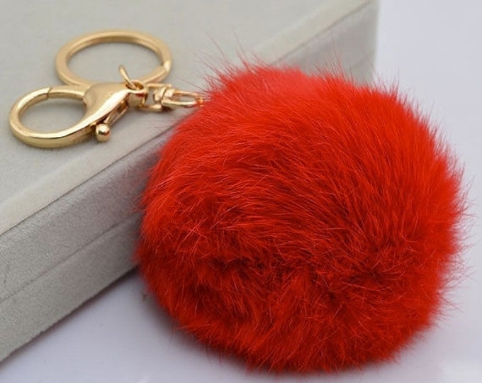 Red Cute Genuine Rabbit fur ball pompom keychain bag pendant plush key ring bag charm