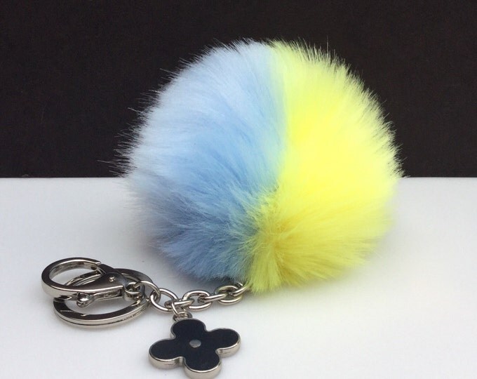 Faux Duo Light Blue Yellow Fur Pom Pom bag Keyring keychain pom pom fake fur ball