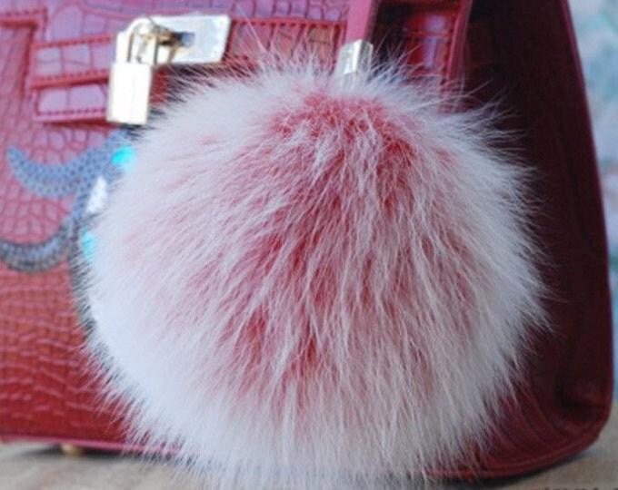 Red Frosted Fox Fur Pom Pom luxury bag pendant with leather strap buckle key ring chain bag charm