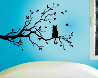Cat In A Tree Wall Decal, Cat Wall Sticker, 0243