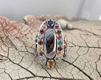 AUSTRALIAN OPAL RING, Sapphires Ring, Statement Ring, Handcrafted Ring, Gemstone Ring, Artisan Ring,