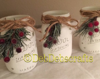 Rustic Christmas mason jar Christmas decorations Christmas centerpiece Home decor Christmas gifts Mantle decor Painted mason jars