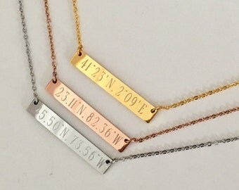 Coordinate Necklace,Personalized Bar Necklace,Custom Bar Necklace,Location Necklace,Bridesmaid Gift, Engraved Jewelry