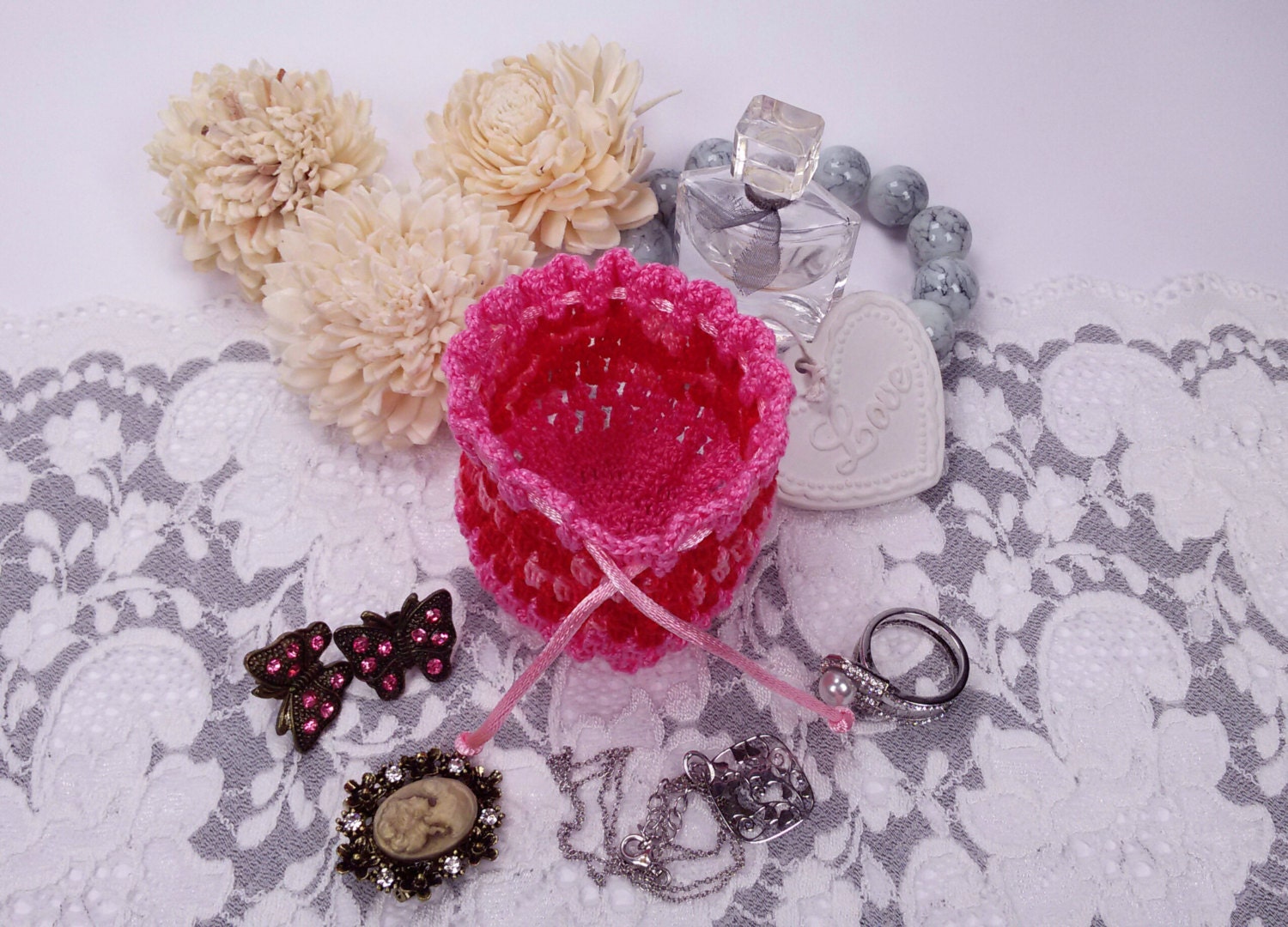 Pink handmade jewelry pouch crochet gift bag pink crochet