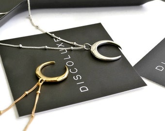 Silver or Gold Crescent Moon Necklace | Double Horn Pendant | Tusk Necklace | Satellite Beaded Chain