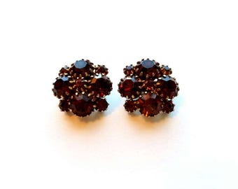 Vintage Gold with Topaz Brown Rootbeer Glass Bead Cluster Clip On Earrings