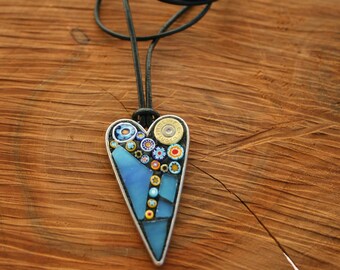 Shot through the Heart Mosaic Pendant, Stained Glass Pendant, Wearable Art