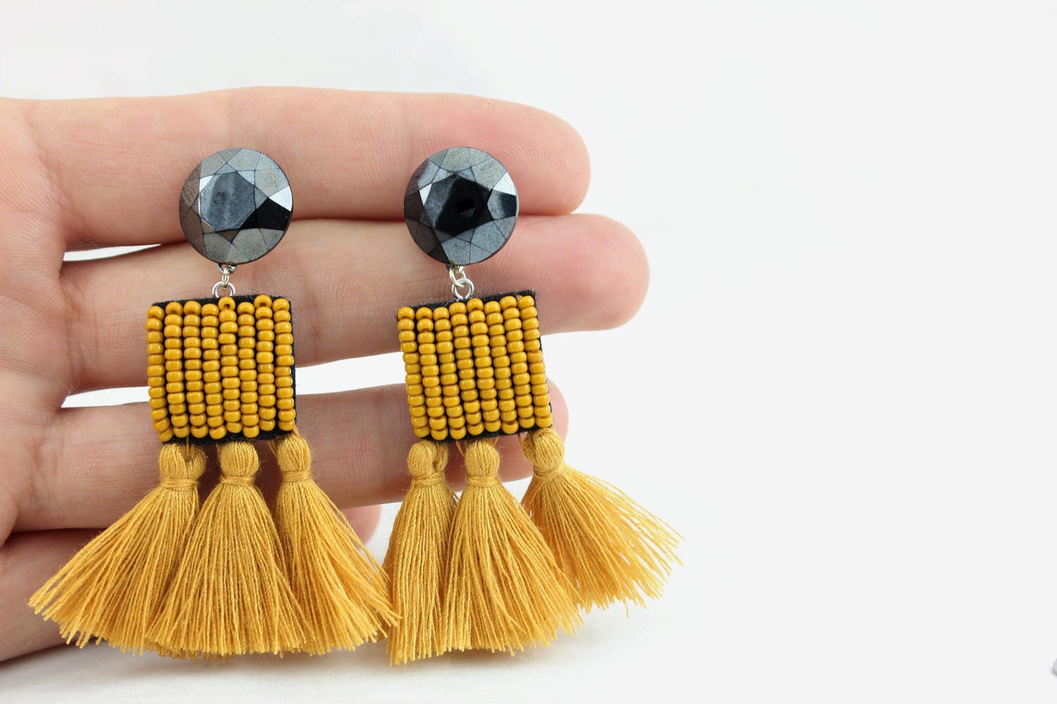 Tassel Earrings Mustard Yellow Earrings Handmade Bead