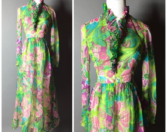 Vintage 60s dress / vintage 70s dress / 1960s dress / 1970s dress / floral dress / maxi dress / mod dress / M5133