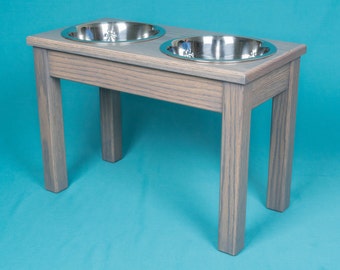 Elevated Dog Feeder 14", Two Stainless Steel 2 Quart Bowls, Solid Oak Wood