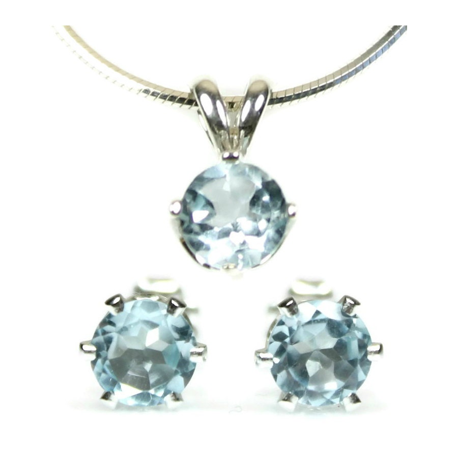 Blue Topaz Jewelry Set Earrings and Necklace Sterling Silver