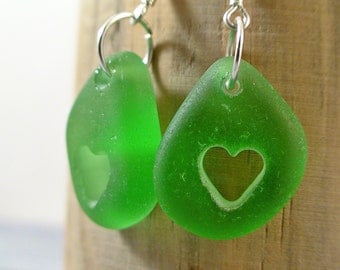 Heart Earrings Green Sea Glass Earrings 925 Sterling SilverSeaglass Jewelry Beach Glass Earrings Beach Wedding