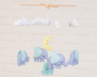 Elephants with Moon and Clouds Mobile, Baby Mobile, Mobile, Nursery Mobile, Nursery Decor, Felt Mobile, Crib Mobile