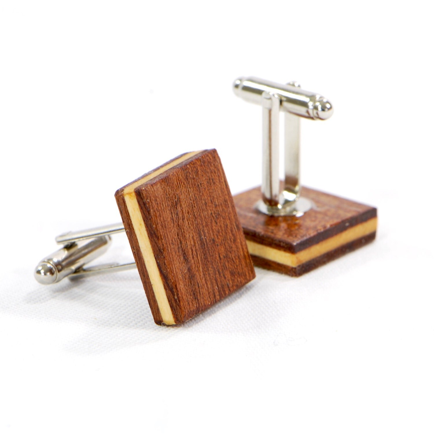 Wood Cufflinks For Wedding Gift Mens Layered Mahogany