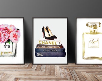 Set of 3 fashion posters, Perfume, books, gift for, Watercolor, Peonies, Gold, watercolour, Fashion decor, fashion illustration, bedroom,art
