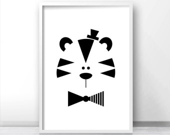 Digital Download Nursery Print, Tiger Nursery Wall Art, Kids Print, Monochrome Nursery, Black And White Kids Art, Kids Wall Art Printable