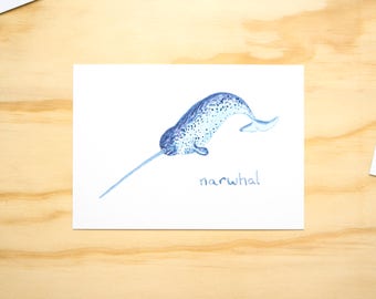 Narwhal Whale Watercolour Illustration Print // A6 Print Postcard // Sea Animals // Nursery Bedroom Decor // Animal Print