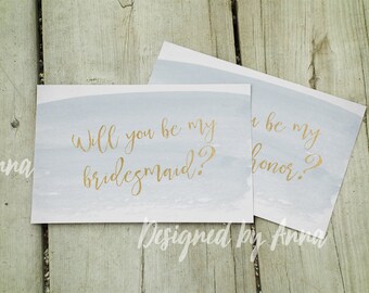 Printable will you be my bridesmaid card watercolor will you be my maid of honor gold and blue will you be my bridesmaid printable gold foil
