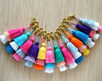 Tassel keychain Tassel bag charm Pom pom key chain Layered tassel key ring Pink tassel purse charm Fringe handbag charm Tassel clip Zipper