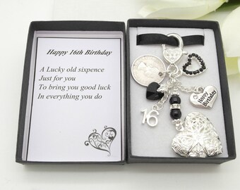 Personalised happy 16th birthday gift. Black heart locket lucky sixpence, charm, keyring, gift box, choice of heart and number charm