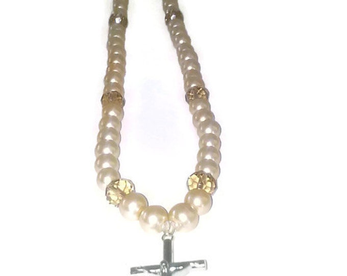 Gold Pearl Necklace, Gold Bead Necklace, Silver Cross Necklace, Crystal Bead, Crucifix, Statement Piece, Pearl Bead, Gold and Silver,Shine