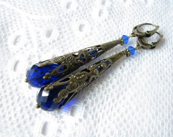 Victorian earrings Her gift for mother Long earrings Dangle earrings Blue earrings Bronze earrings Evening earrings Prom gift Prom earrings