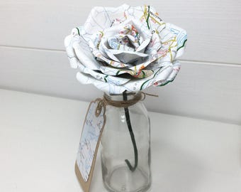 Map Paper Flower 'Bloom in a bottle' with matching gift tag Gift Thank You Table Decoration Shelf Sitter Home Decor 1st Anniversary