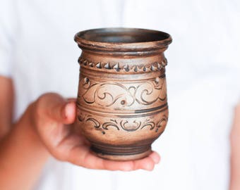 Ceramic coffee mug Juice Glasses Redware pottery Art pottery Pottery cup Ethnic cup Rustic mug Mother gift Mother day gift Mom gift Floral