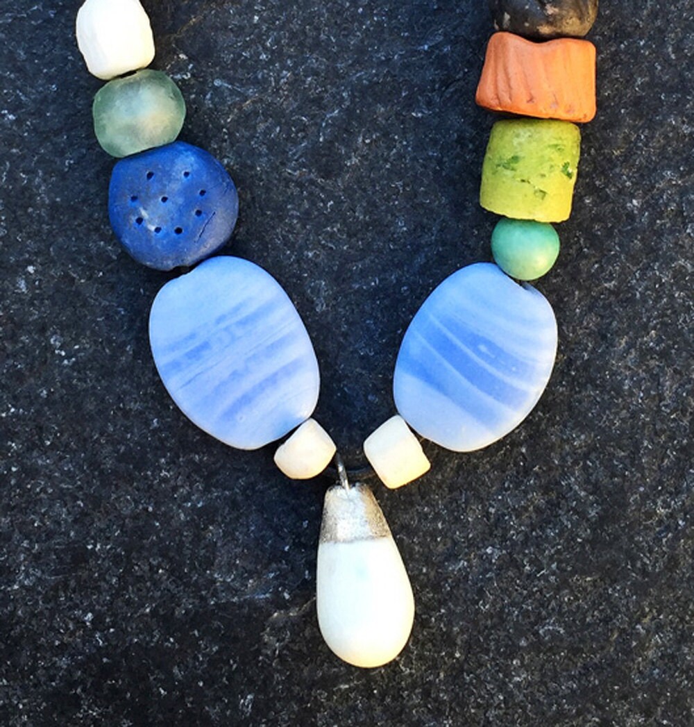 Colourful ceramic pendant necklace w/ porcelain/ terracotta/