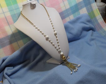 Pretty Vintage Tassel Necklace with White Lucite Beads