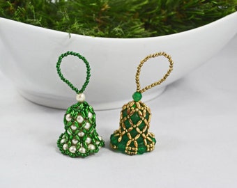 Vintage Handmade Bead Bell Christmas Ornaments Green Gold And White Ornaments