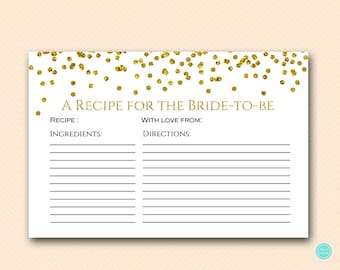 Gold Glam Bridal Shower Recipe Cards, Bridal Shower Recipe, Recipe for the Bride to be, Bridal Shower Activities, Bridal Shower Game BS281