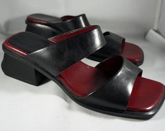 Chunky Heel Sandals 90s Slip ons, Enzo Angiolini, Leather, Black and Burgundy, Size 6 M