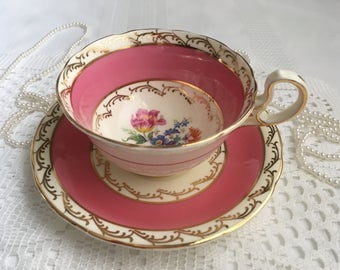 Reserved Aynsley China Tea Cup and Saucer, Pink with Hand Painted Floral Centre and Gold Trim